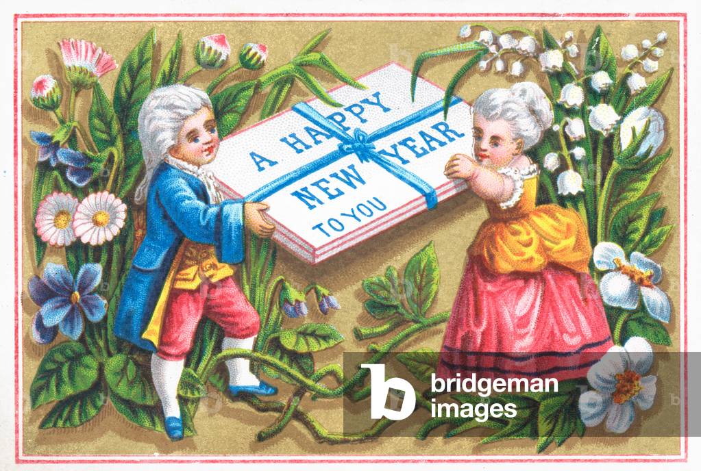 Aristocratic Couple holding package, New Year Card (chromolitho)