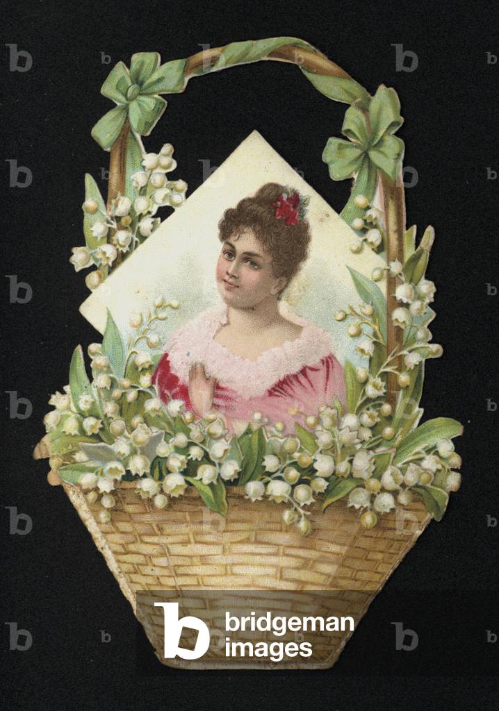 Portrait of a woman in a basket of lily of the valley flowers, (chromolitho)