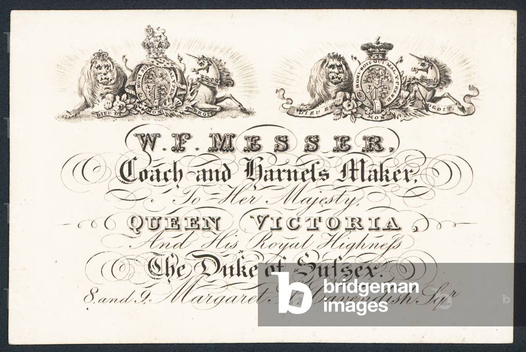 W F Messer, coach and harness maker to her majesty Queen Victoria and the Duke of Sussex, trade card (engraving)