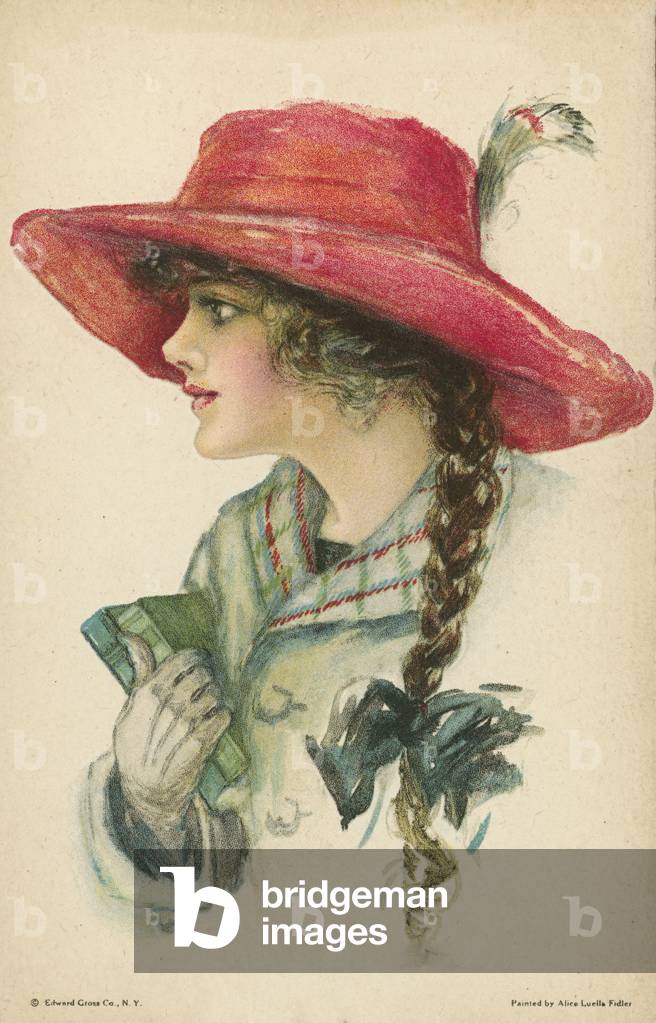 Portrait of a pretty young woman in a red hat (colour litho)