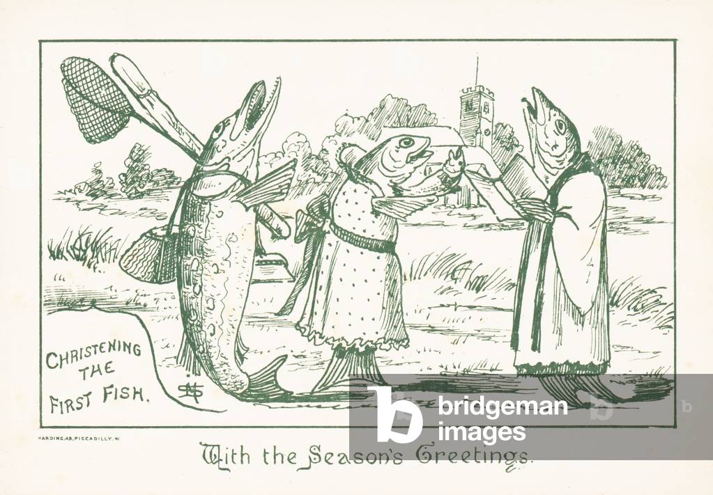 Fish in clothese singing, Christmas Card (chromolitho)