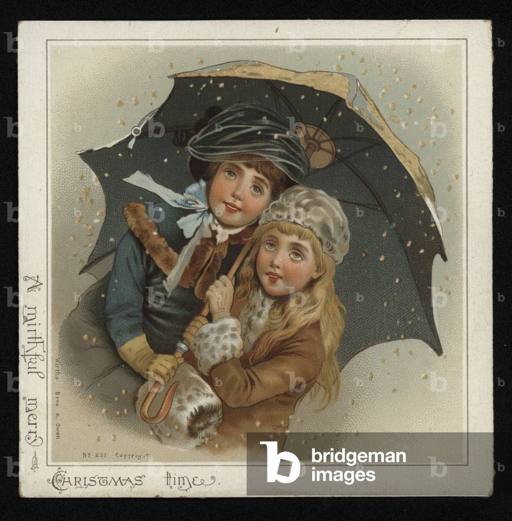 Boy and girl under an umbrella in a wintry scene, Christmas greetings card. (chromolitho)
