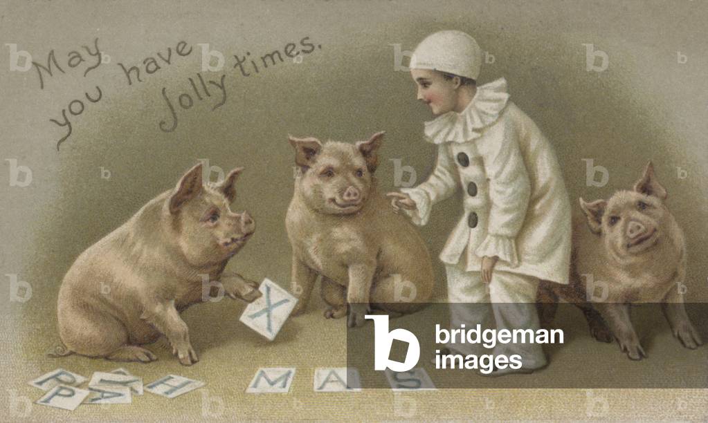 Child ina Pierrot costume with three pigs, Christmas card (chromolitho)