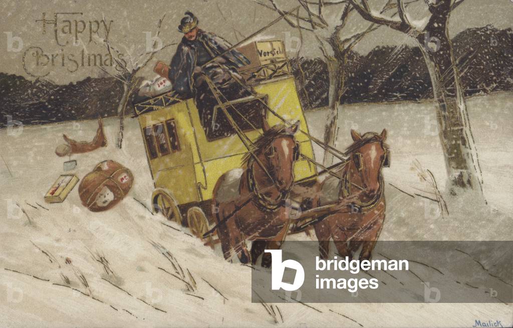 Christmas greetings card depicting a coach and horses, loaded with parcels, getting stuck in a snowdrift. (chromolitho)