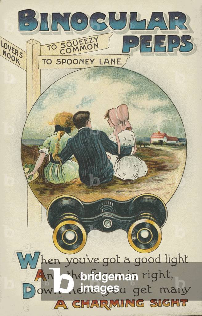 Man and two women in the countryside being watched through a pair of binoculars (colour litho)