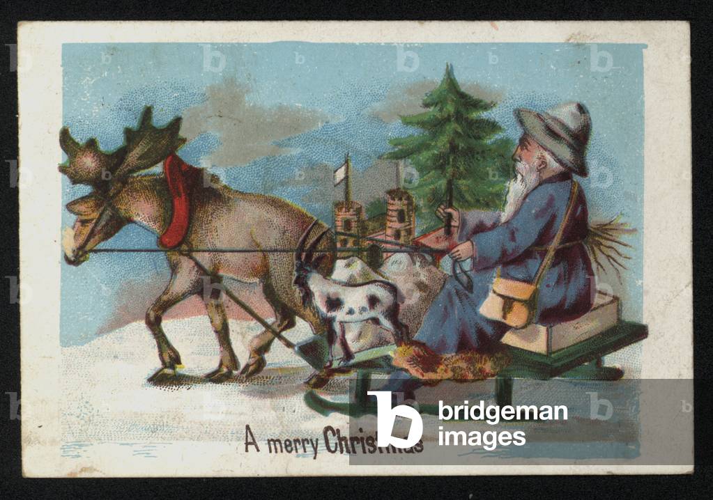 Man on a sleigh pulled by a moose, Christmas greetings card. (chromolitho)