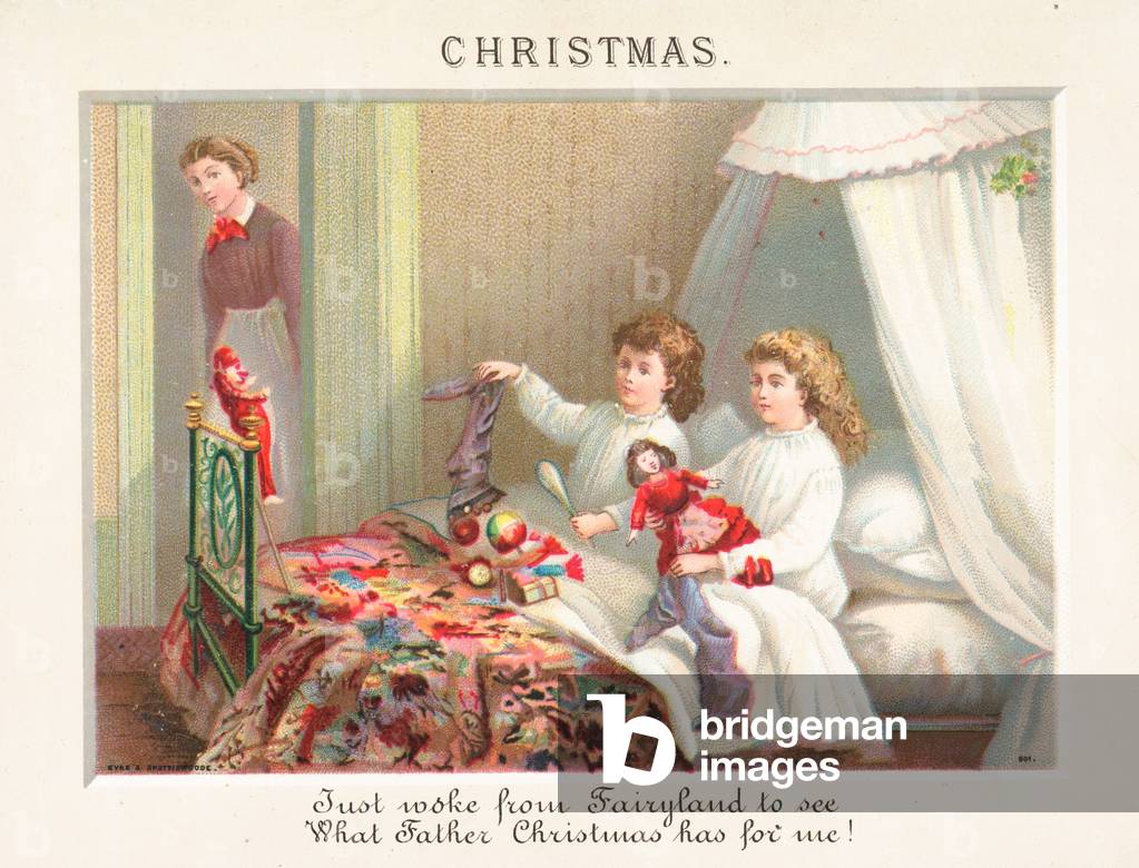 Chidren emptying stockings on Christmas Morning, Christmas Card (chromolitho)