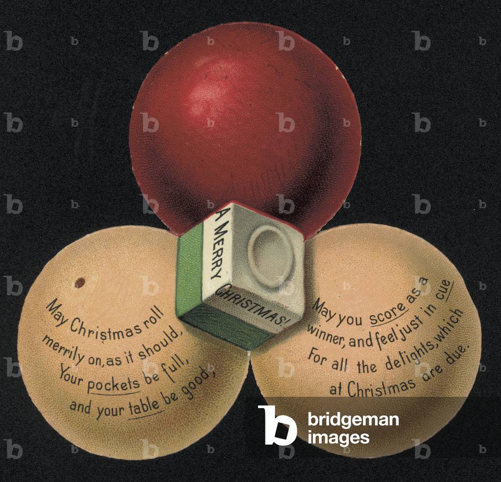Billiard balls, chalk and verse, Christmas greetings card (chromolitho)