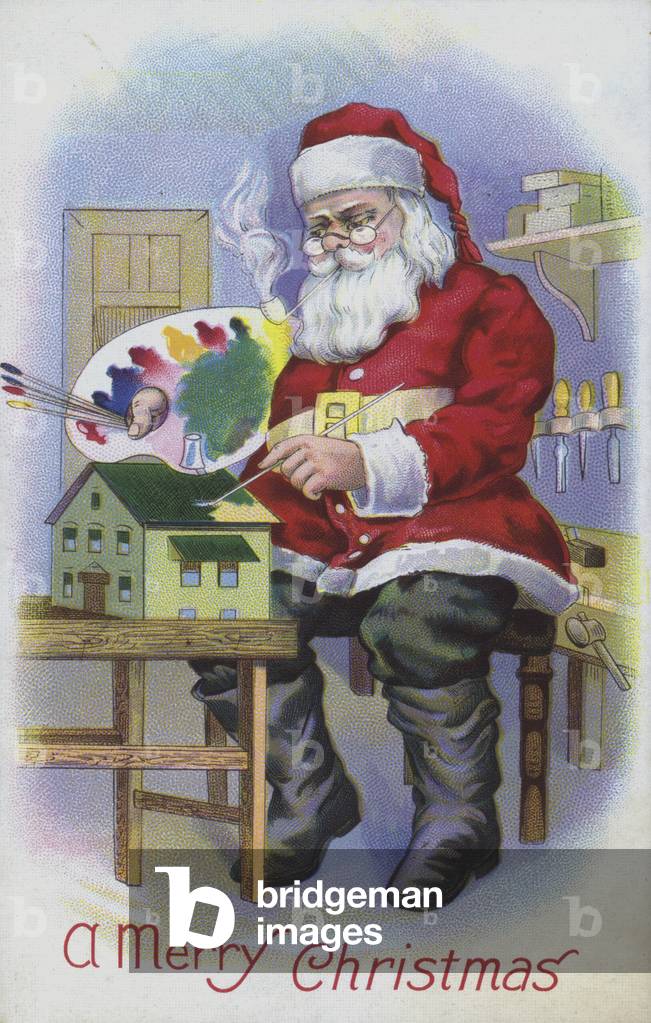 Greetings card depicting Santa Claus painting a toy house (chromolitho)