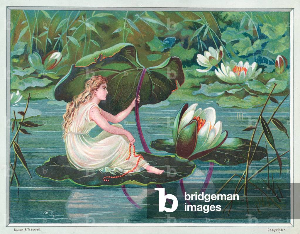 Girl sitting on Lily Pad in Pond, Christmas Card (chromolitho)