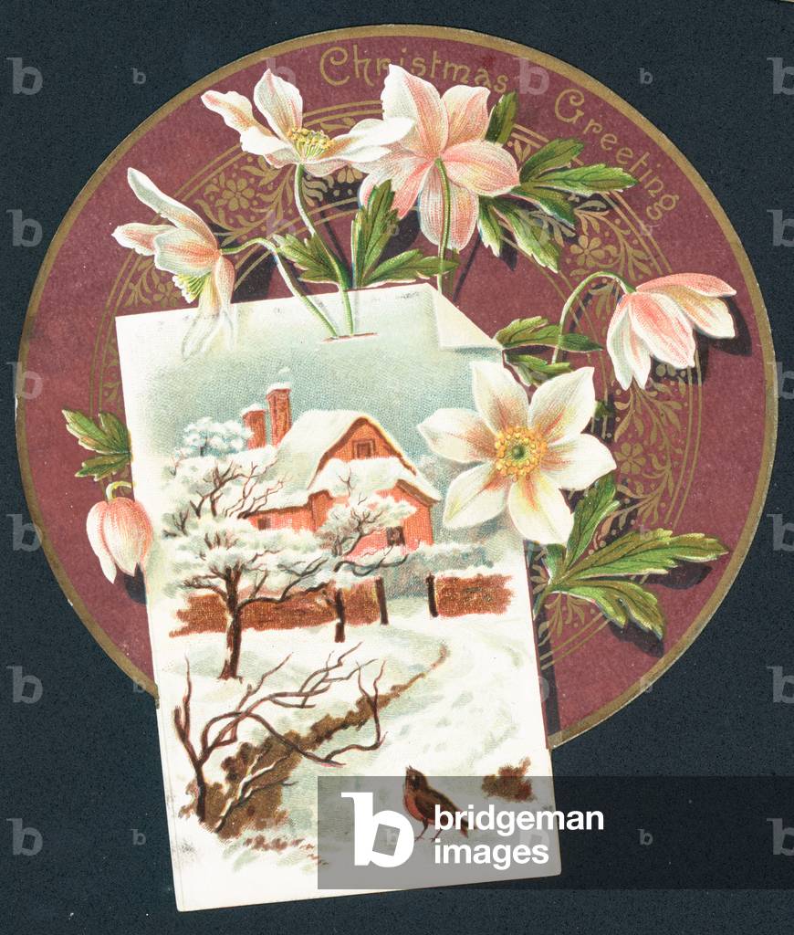 Winter scene with cottage and robin, Christmas Card (chromolitho)