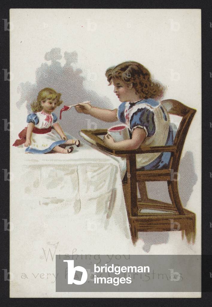 Little girl playing at feeding her doll, Christmas greetings card, late 19th or early 20th Century (chromolitho)