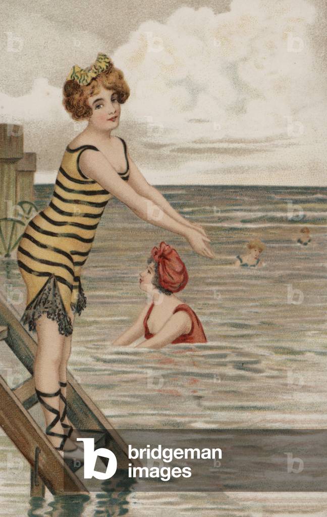 Girl about to plunge into the sea (colour litho)