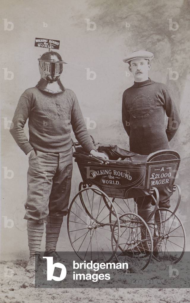 Harry Bensley (left), English adventurer who accepted a challenge to walk around the world incognito with a pram for a £21,000 bet between John Pierpoint Morgan and Hugh Cecil Lowther, 5th Earl of Lonsdale (b/w photo)