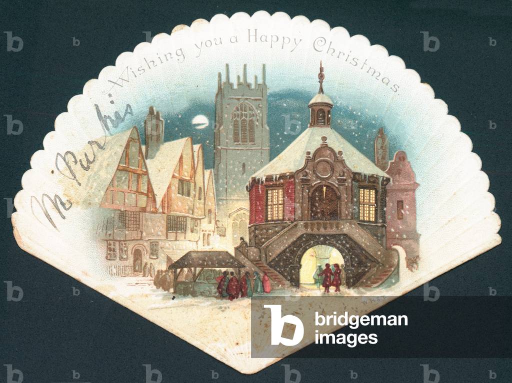 Village Scene in the snow, Christmas Card (chromolitho)