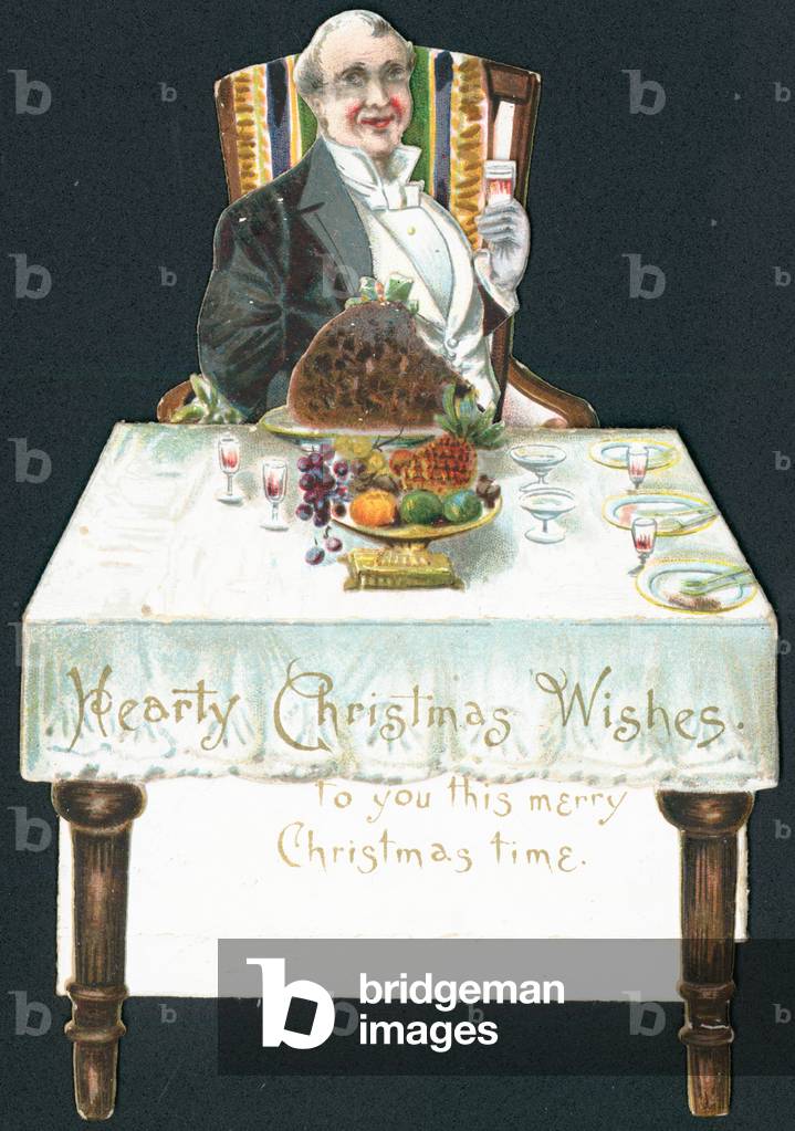 Rotund Man at the table, Christmas Card (chromolitho)