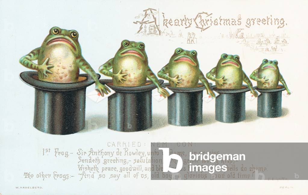 Frogs standing in Top Hats! Christmas Card (chromolitho)
