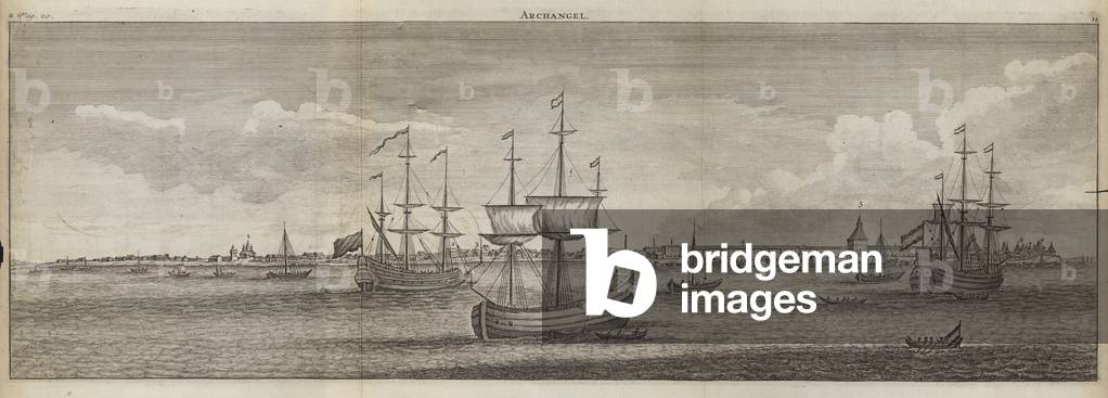 Sailing ships off Archangel, Russia (engraving)