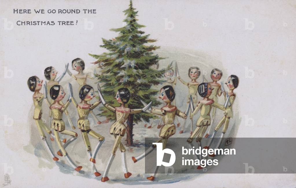 Christmas greetings card depicting dolls dancing around a Christmas tree. (chromolitho)