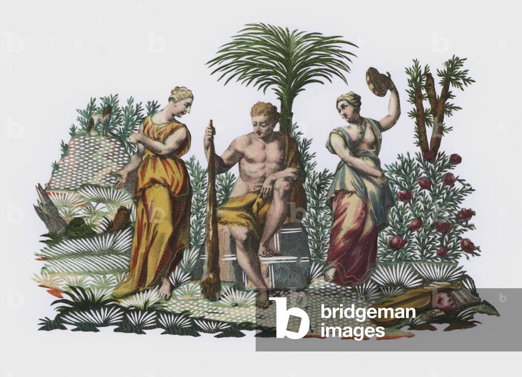 Heracles in a garden (coloured engraving)