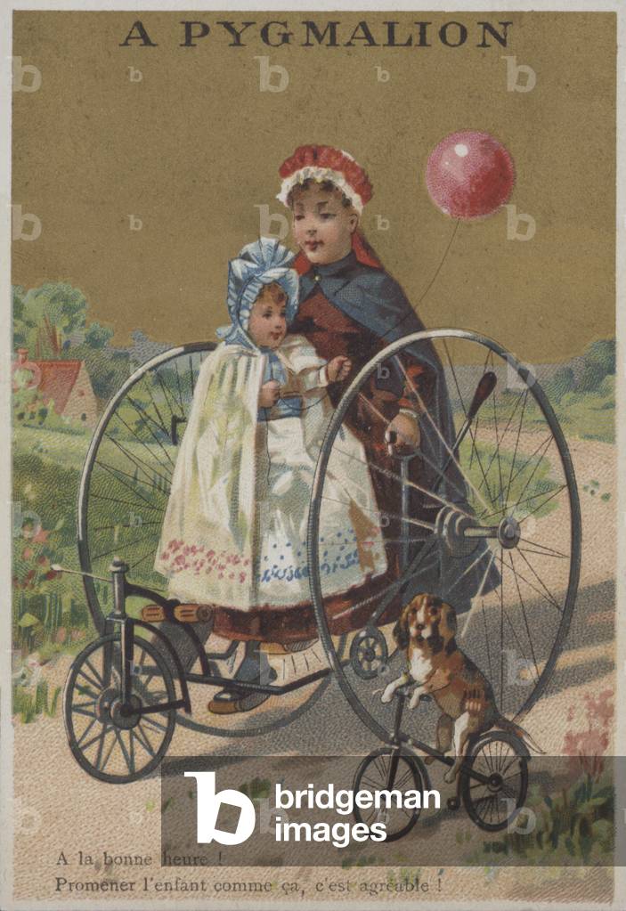 Mother and child riding a tricycle while a dog rides a bicycle alongside them (chromolitho)