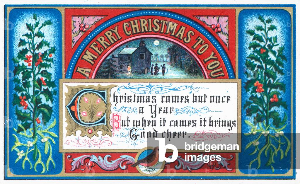 Singing carols under moonlight, Christmas Card (chromolitho)