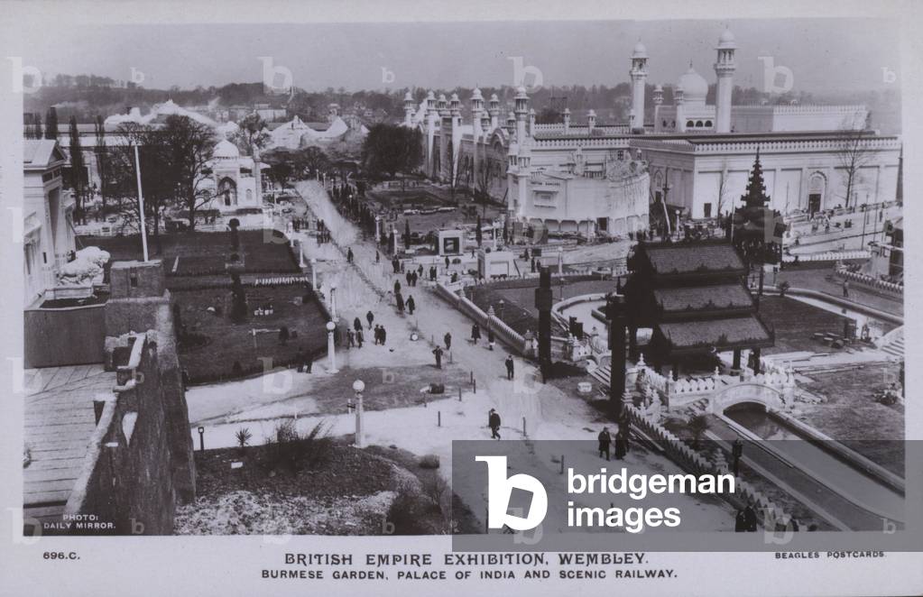 British Empire Exhibition, Wembley: Burmese Garden, Palace of India, Scenic Railway (b/w photo)