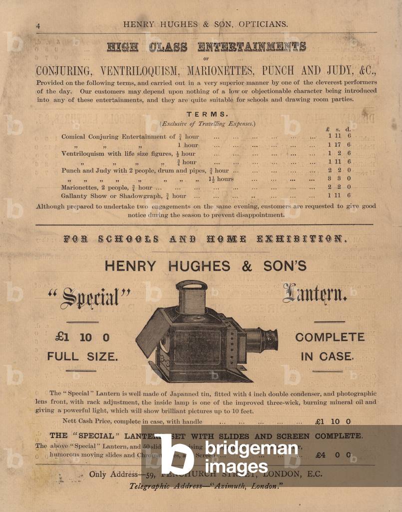 Page from Henry Hughes & Sons New Catalogue, 1893, of Optical Lanterns and Dissolving View Apparatus and Slides (engraving)