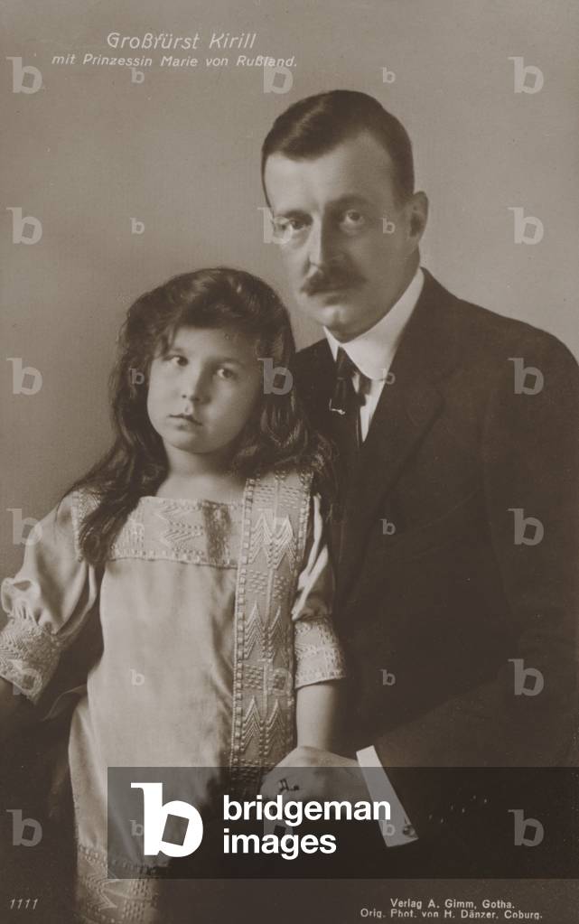 Grand Duke Kirill Vladimirovich of Russia with his daughter, Grand Duchess Maria Kirillovna. (b/w photo)