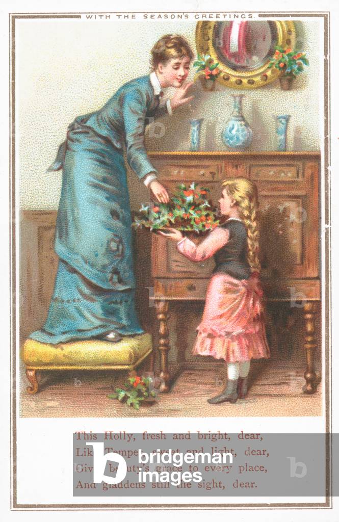 Decorating the home with holly, Christmas Card (chromolitho)