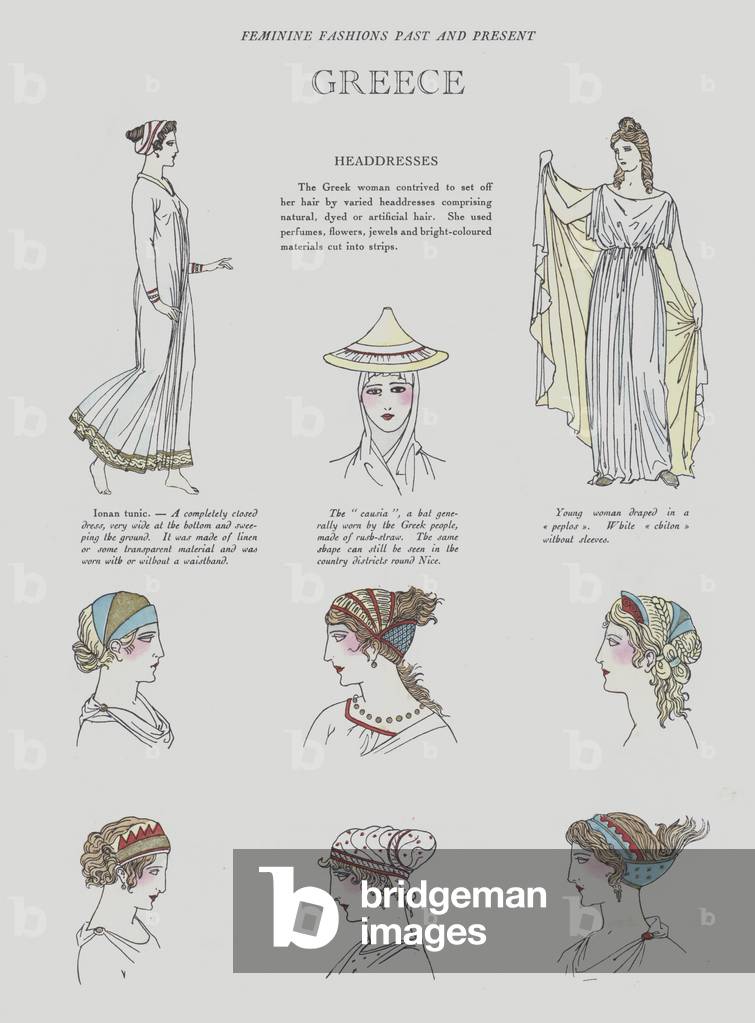 1920s depiction of women's hairstyles in Ancient Greece (colour litho)