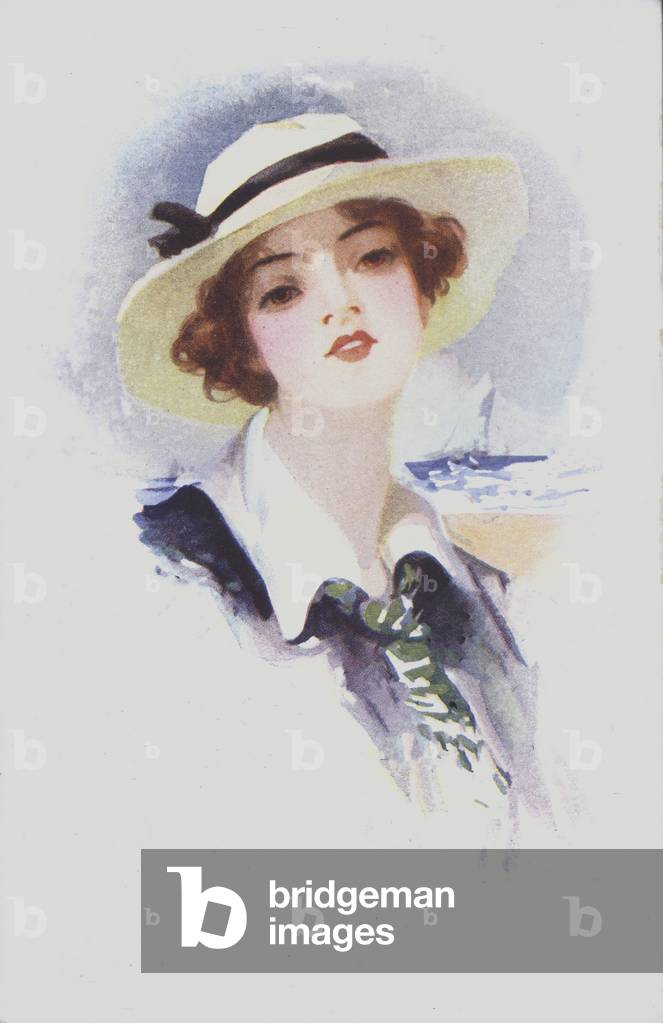 Portrait of a woman wearing a hat (colour litho)