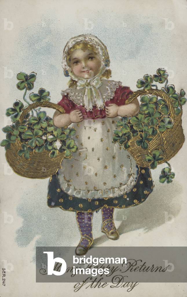 Birthday card showing a young girl carrying two baskets full of shamrocks (chromolitho)