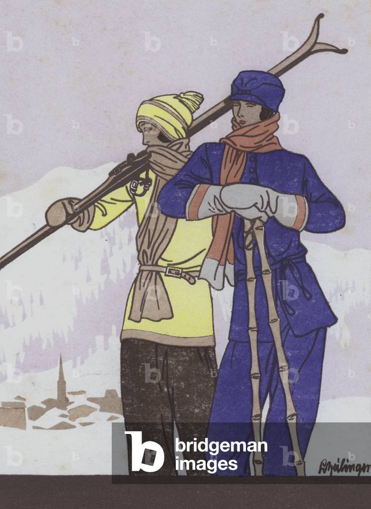 Women's ski wear fashion from the 1920s (colour litho)
