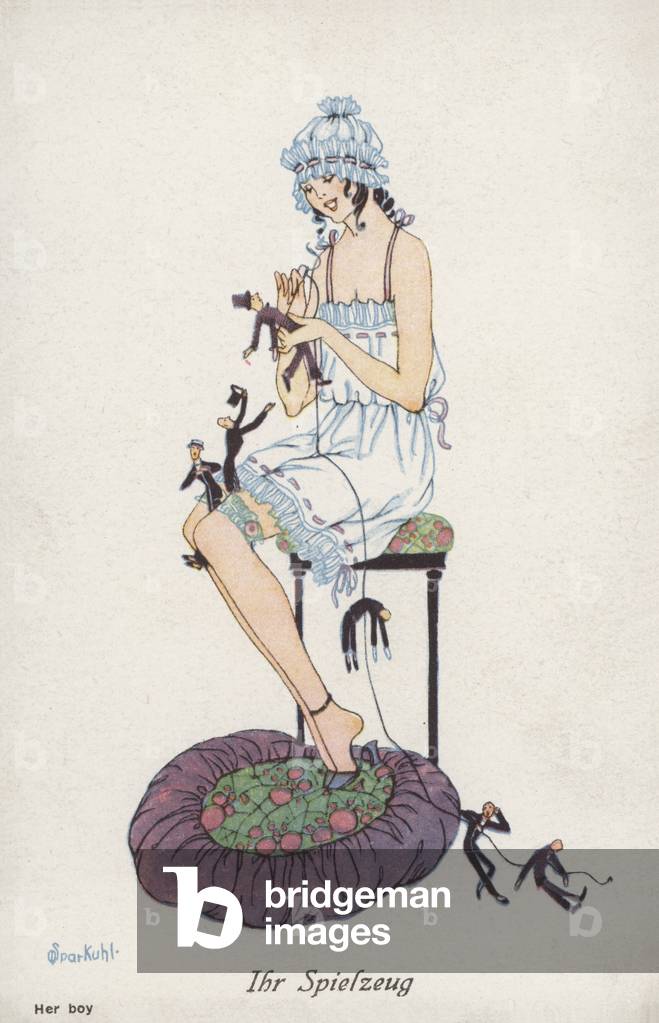 Girl with a string of dolls (colour litho)