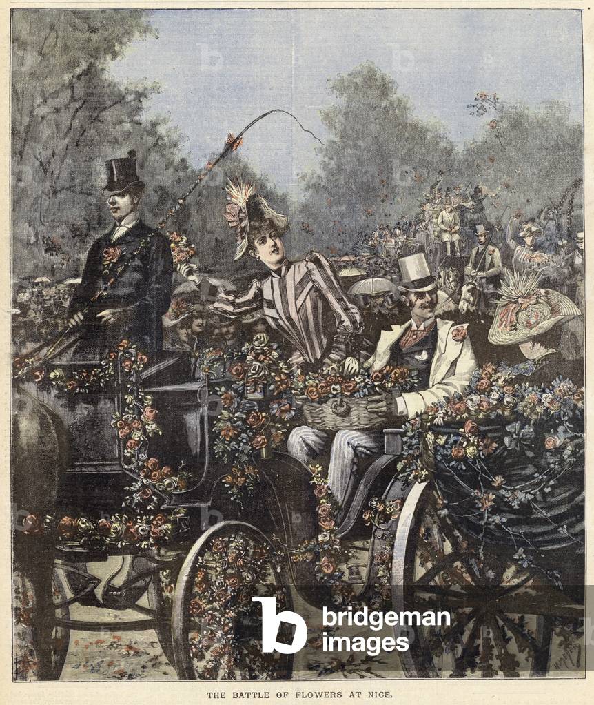 The battle of flowers at Nice (colour litho)