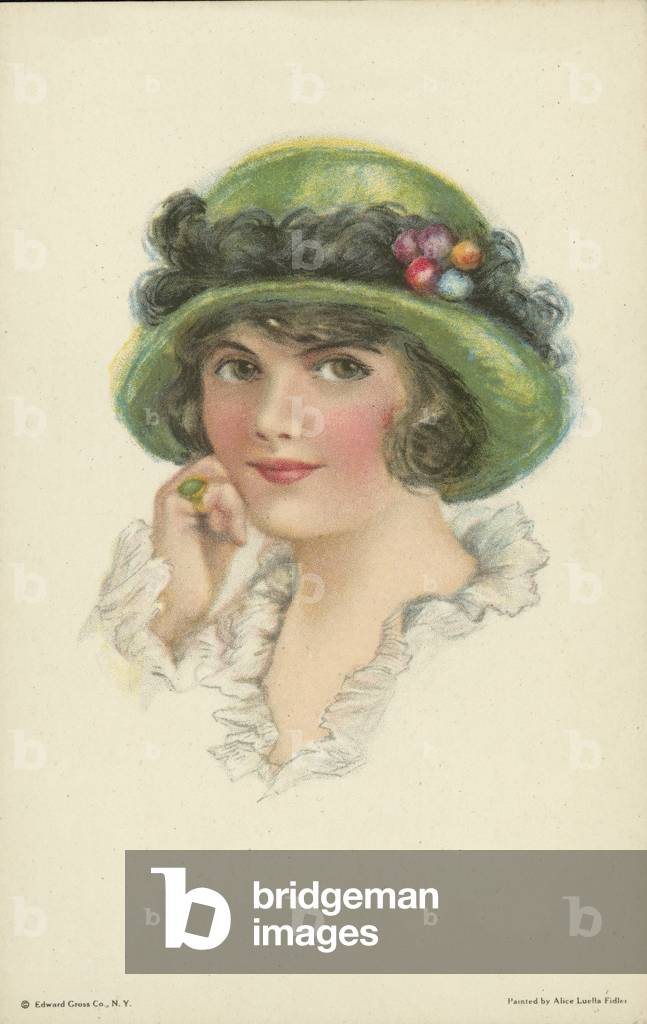 Portrait of a pretty young woman with a green hat (colour litho)