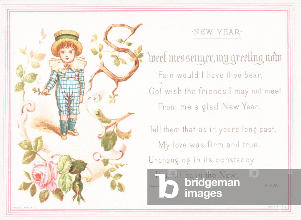 Boy holding rose, New Year Card (chromolitho)