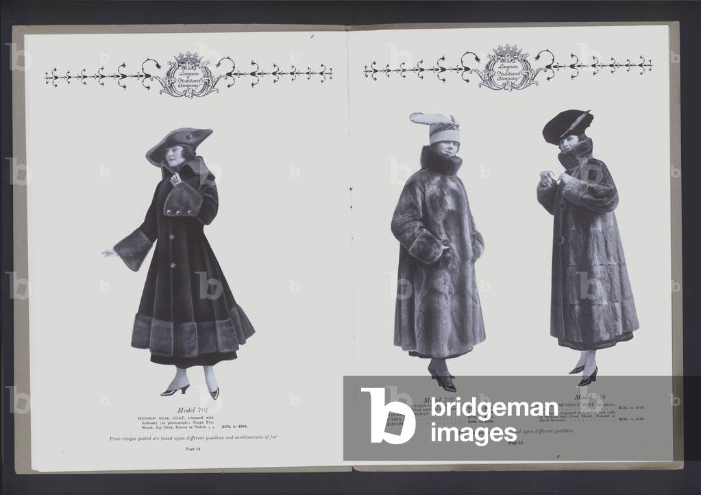 Two-page spread from The Theater of Fur Fashion (b/w photo)