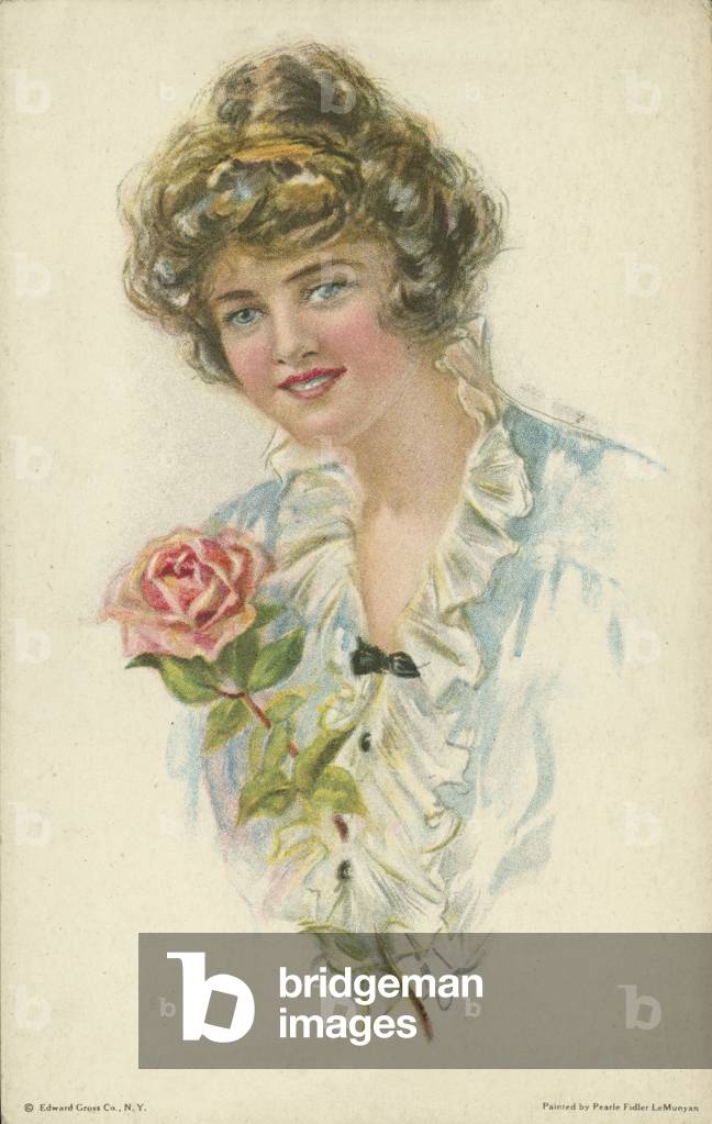 Portrait of a young woman with a rose (colour litho)