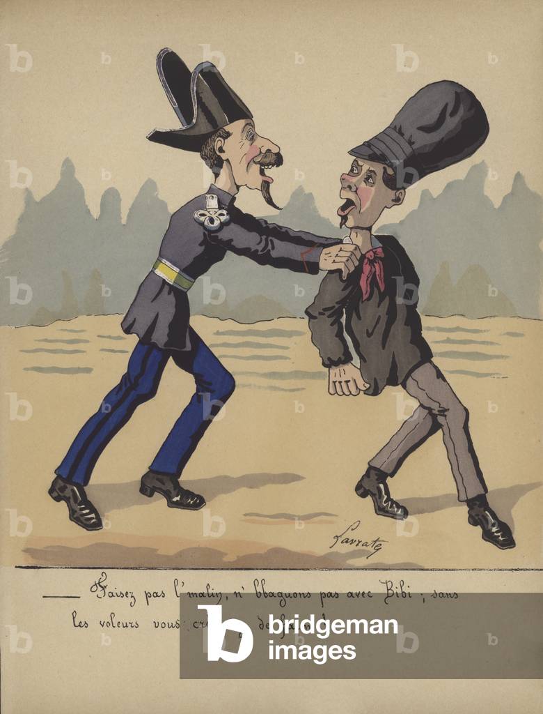 Policeman arresting a thief (colour litho)