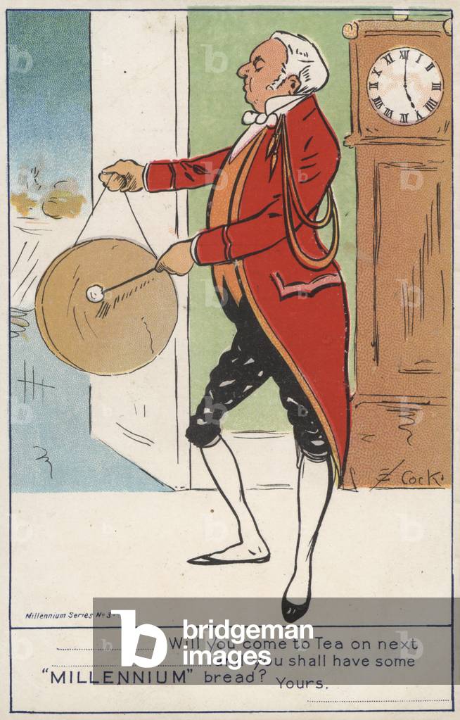 Footman striking a gong (colour litho)