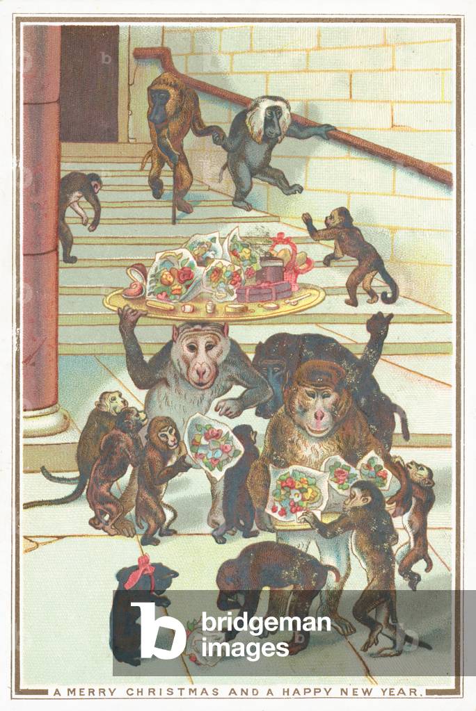 Monkeys carrying gifts, Christmas Card (chromolitho)