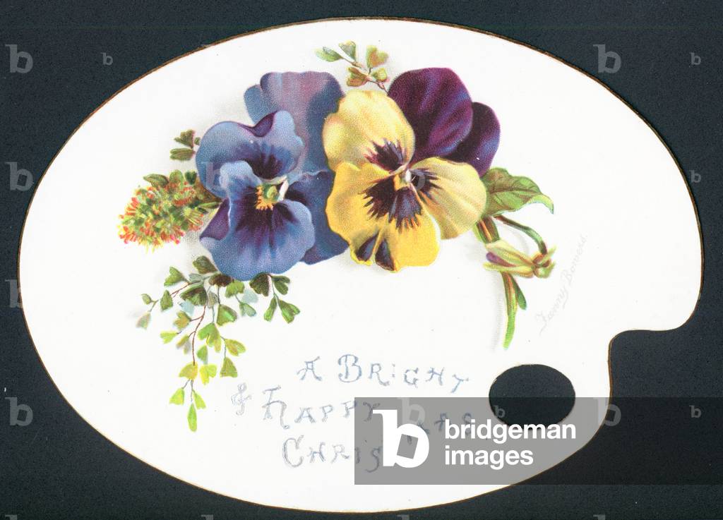 Pansies on artist's palette, Chistmas Card (chromolitho)