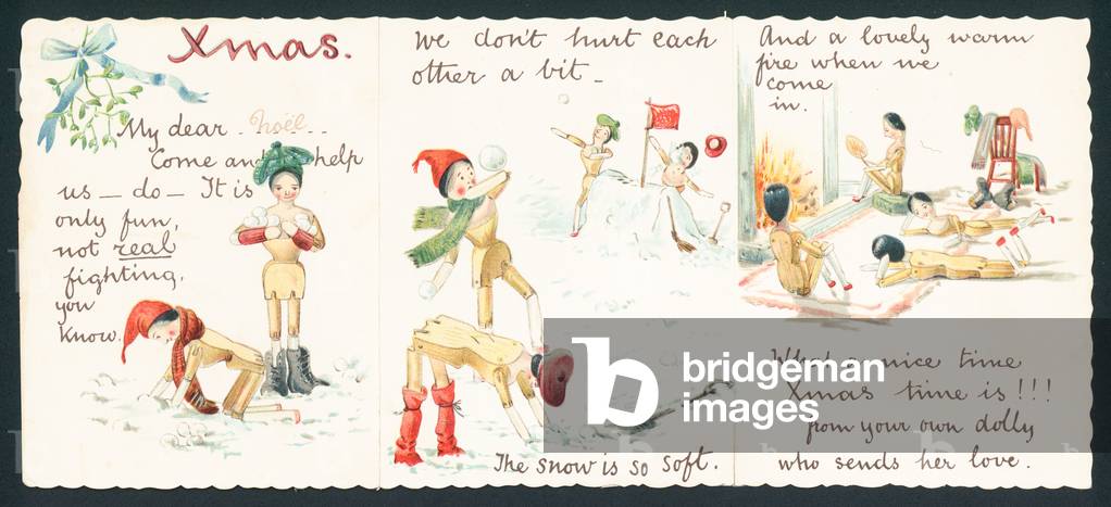 Wooden Dolls having snowball fight, Christmas Card (chromolitho)