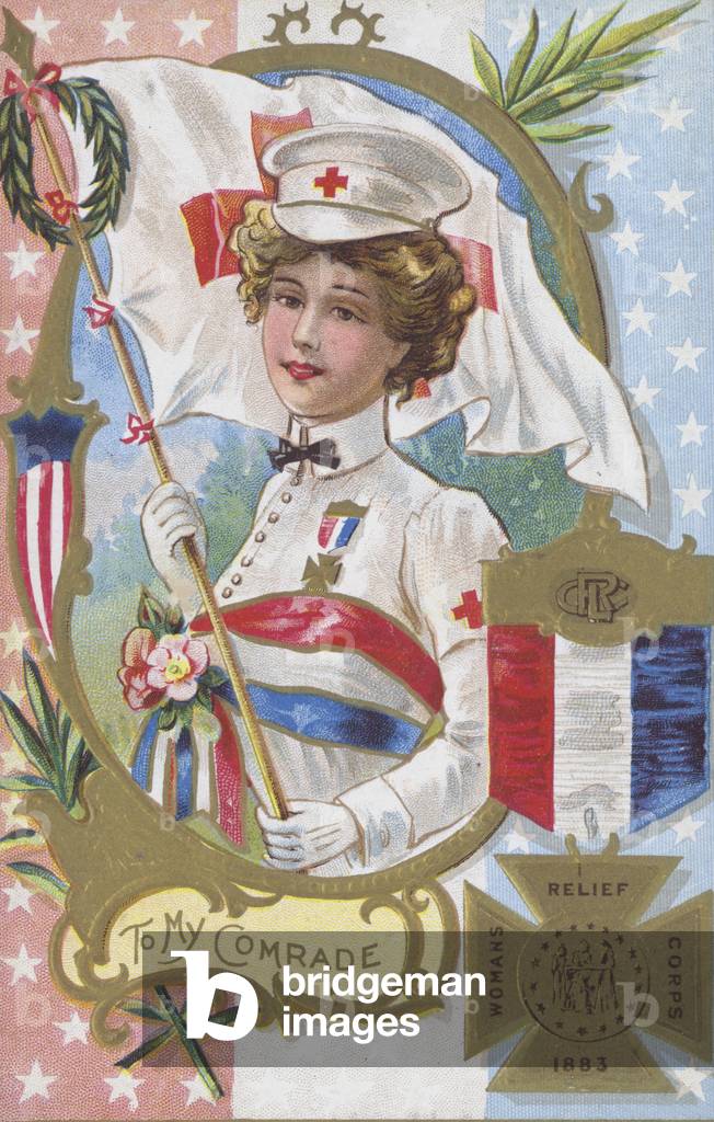 A woman from the Woman's Relief Corps, established in 1883, and the medal she would have received (chromolitho)