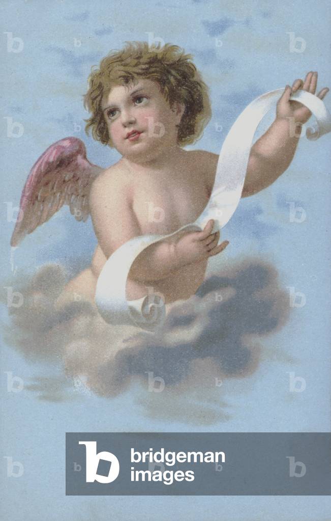 Cherub holding scroll (chromolitho)