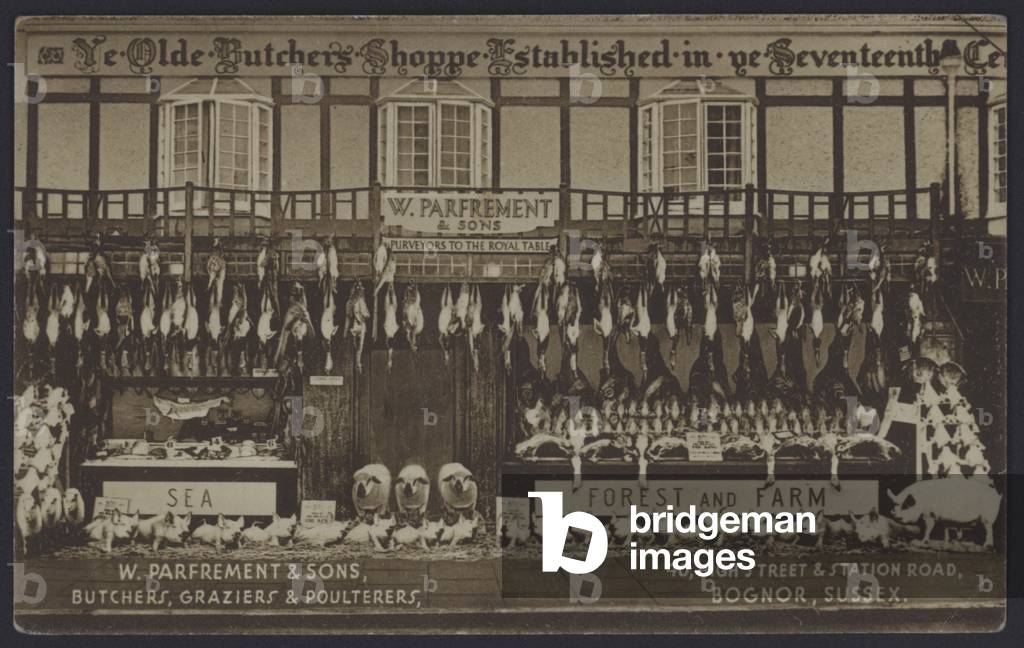 Shop front of W Parfrement & Sons, butchers, graziers and poulterers, Bognor Regis, Sussex (b/w photo)