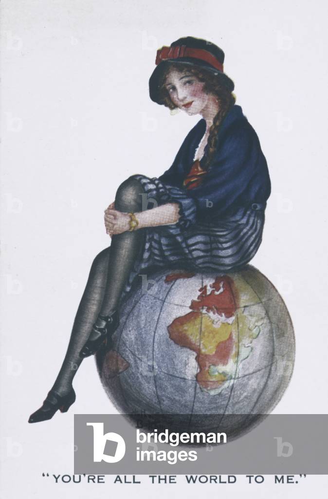Youre all the world to me - pretty girl sitting on top of a globe (colour litho)
