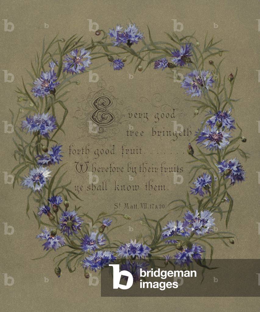 Garland of flowers surrounding a quote from the Bible (Matthew 7:17) (colour litho)